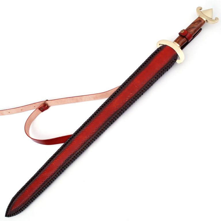Damascus Sword with Brass Pommel and Leather Sheath
