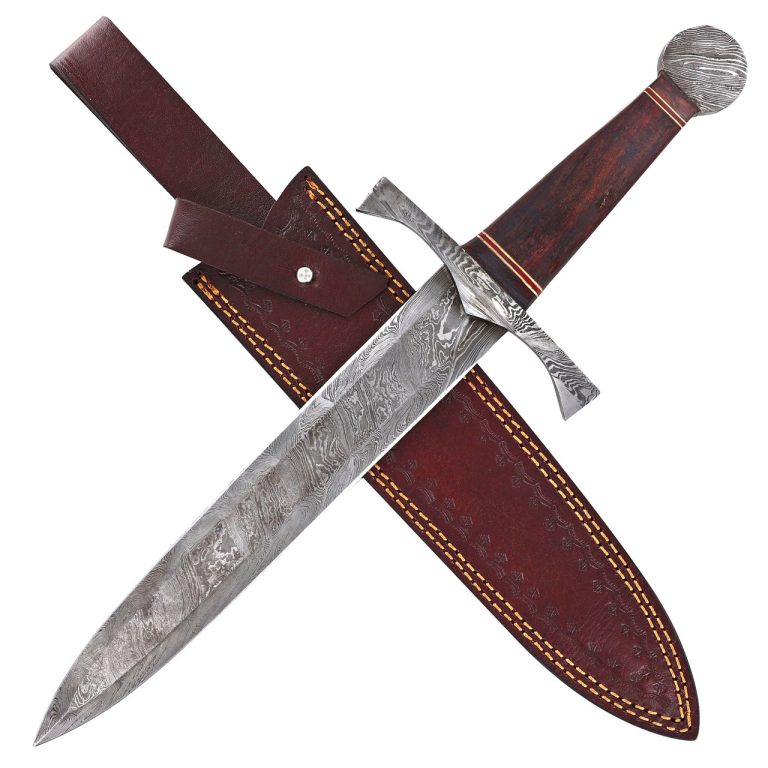 Damascus Steel Arming Dagger with Leather Sheath