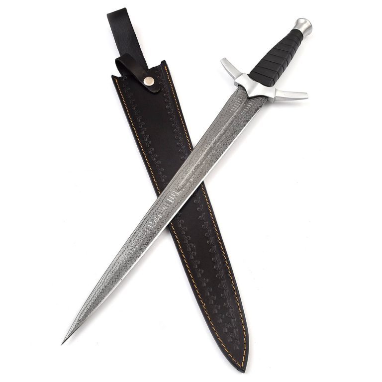 Damascus Steel Short Sword with Leather Sheath