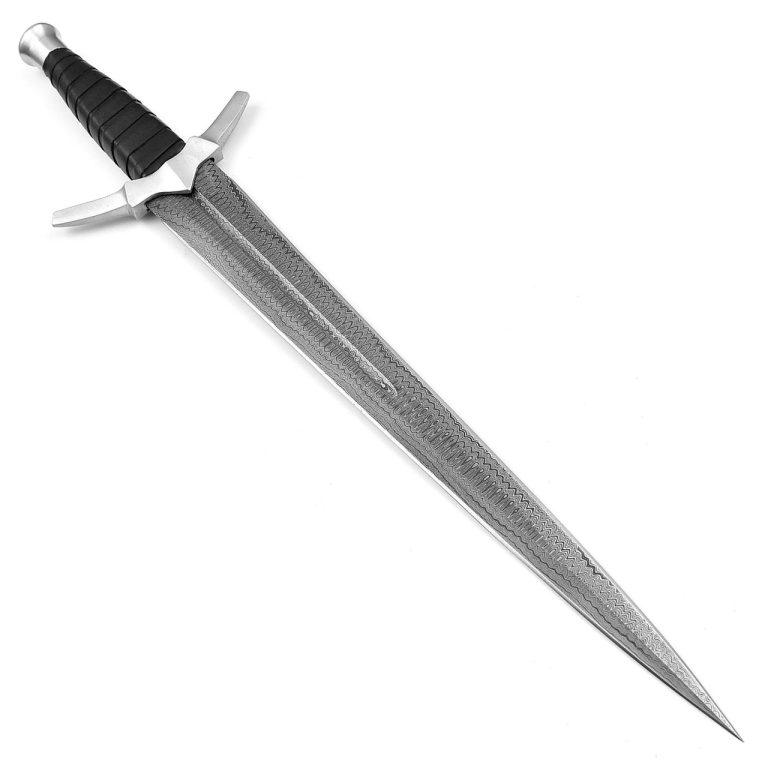Damascus Steel Short Sword with Leather Sheath