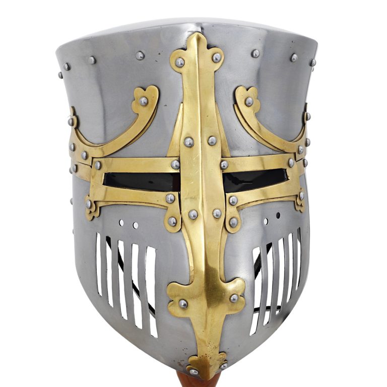 Medieval Pot Helmet with Brass Trim and Leather Liner