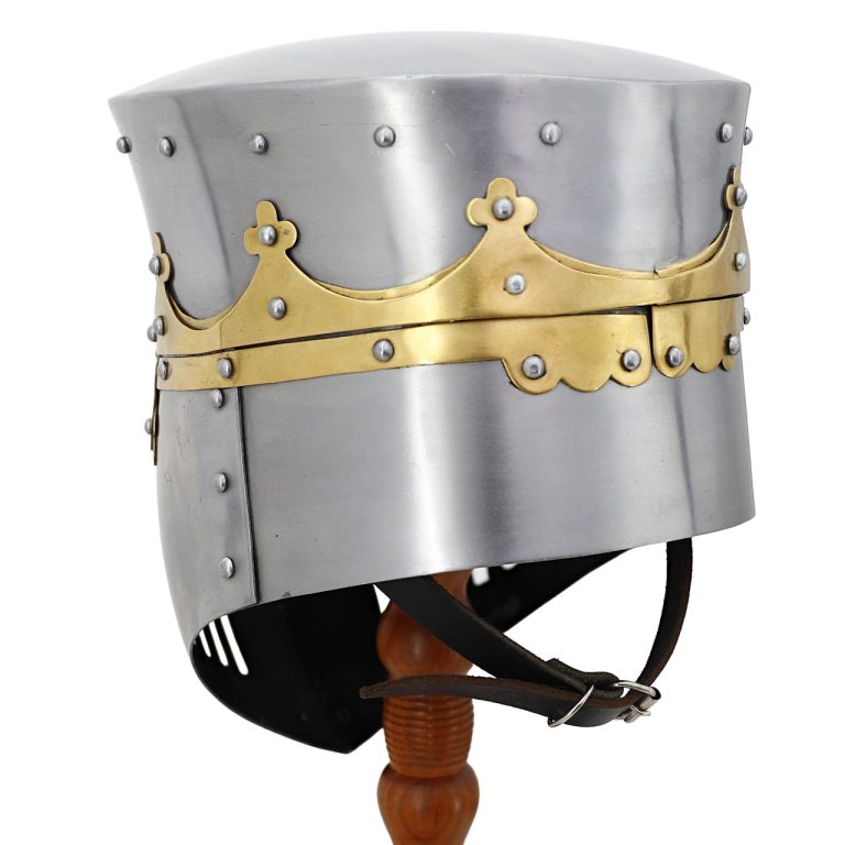Medieval Pot Helmet with Brass Trim and Leather Liner