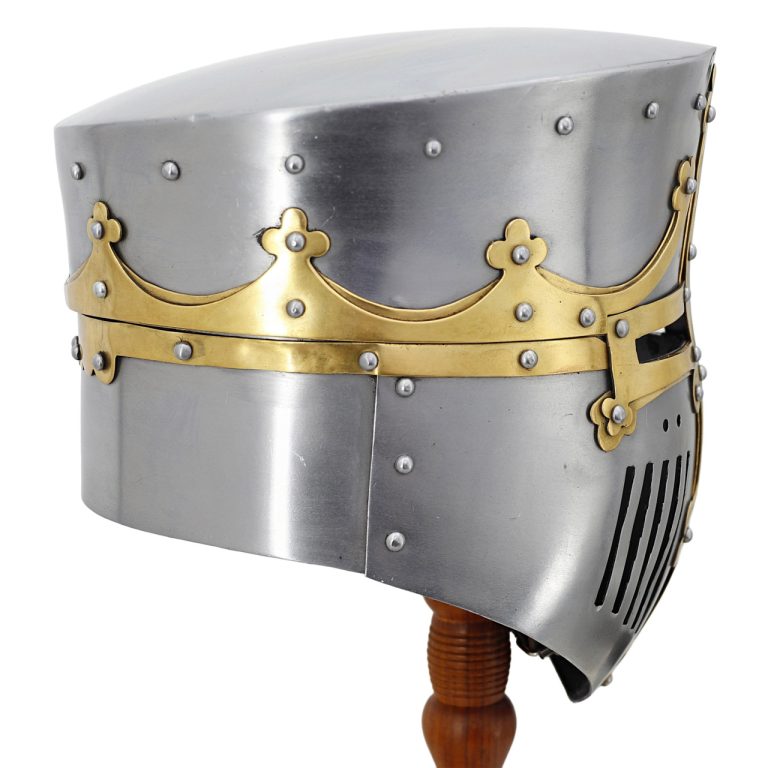 Medieval Pot Helmet with Brass Trim and Leather Liner
