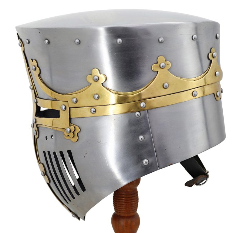 Medieval Pot Helmet with Brass Trim and Leather Liner