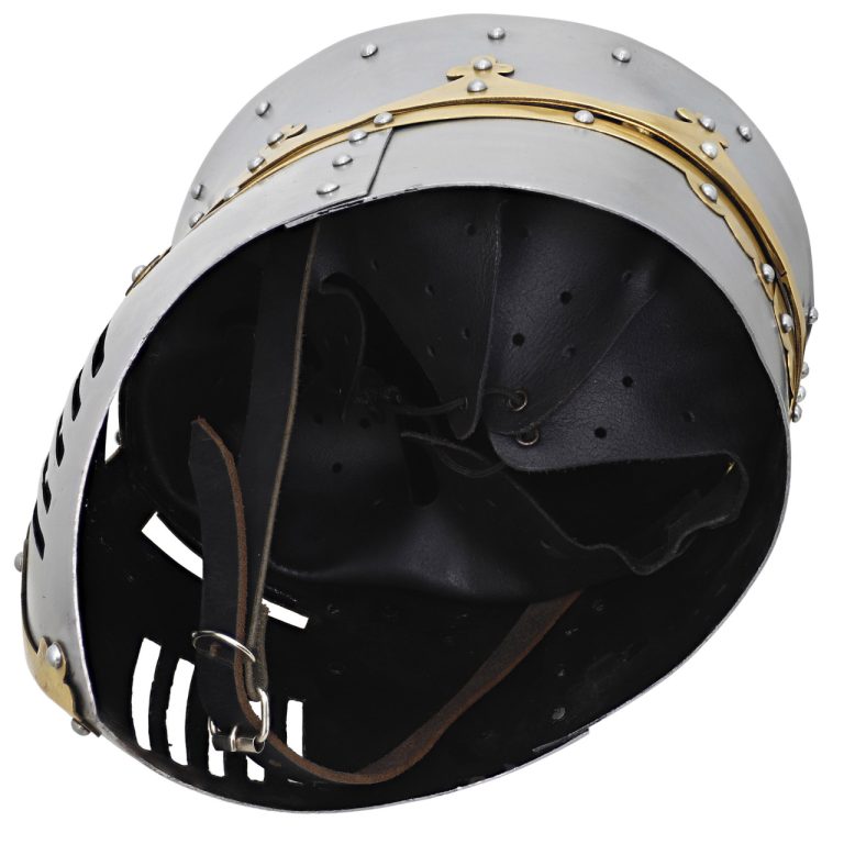 Medieval Pot Helmet with Brass Trim and Leather Liner