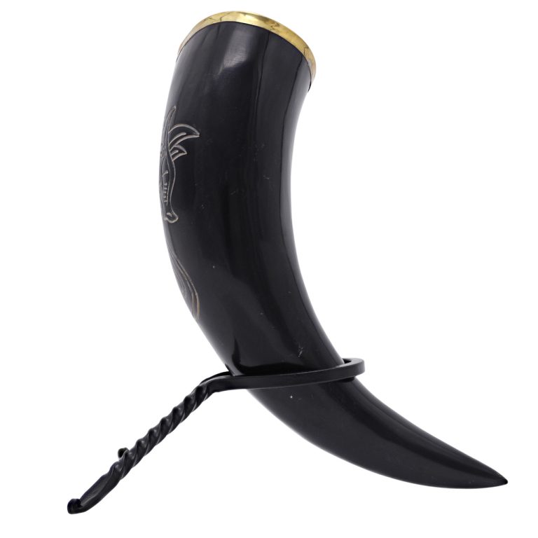 Viking Dragon Drinking Horns with Forged Rack Set