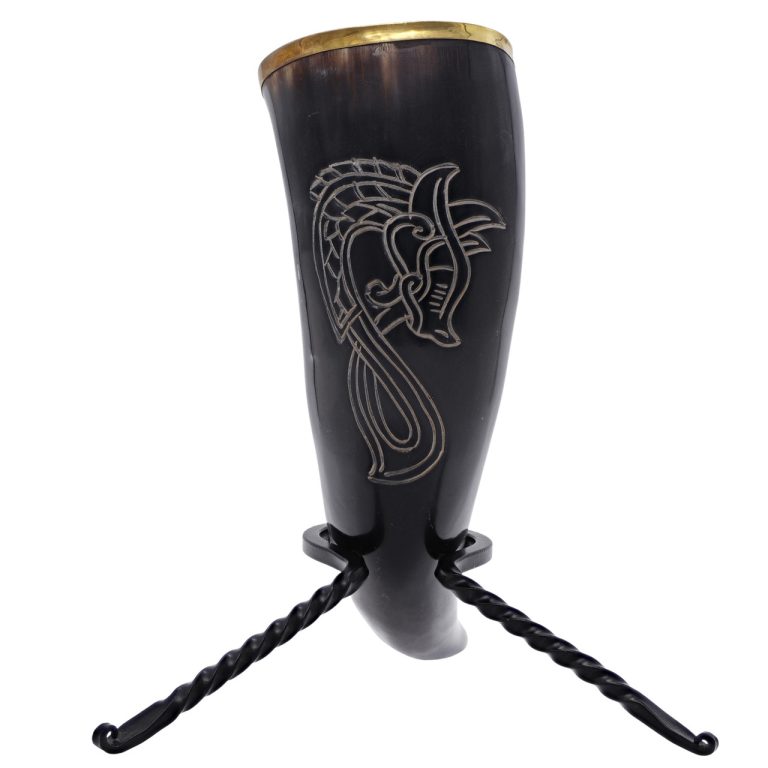 Viking Dragon Drinking Horns with Forged Rack Set