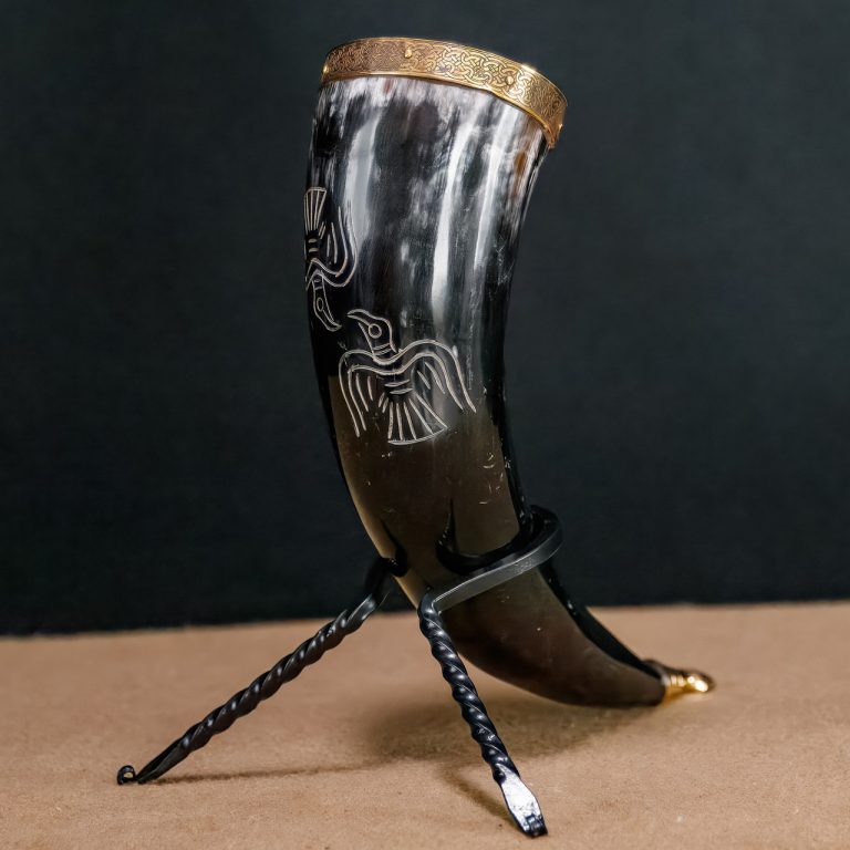Viking Drinking Horn with Iron Stand and Accents