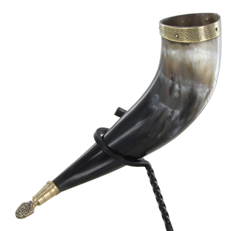 Viking Drinking Horn with Iron Stand and Accents