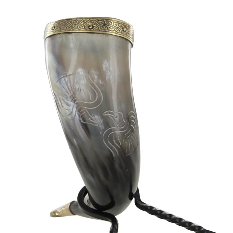 Viking Drinking Horn with Iron Stand and Accents