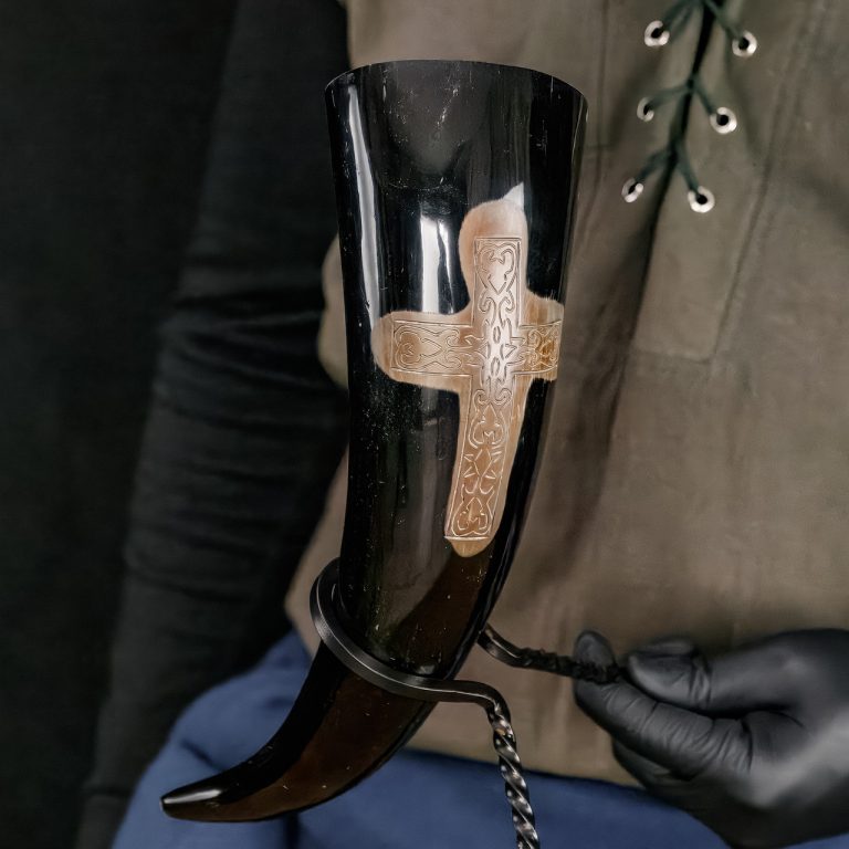 Viking Drinking Horn with Hand-Forged Rack
