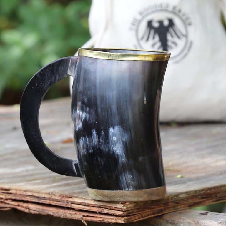Brass Rimmed Drinking Horn Mug with Pouch