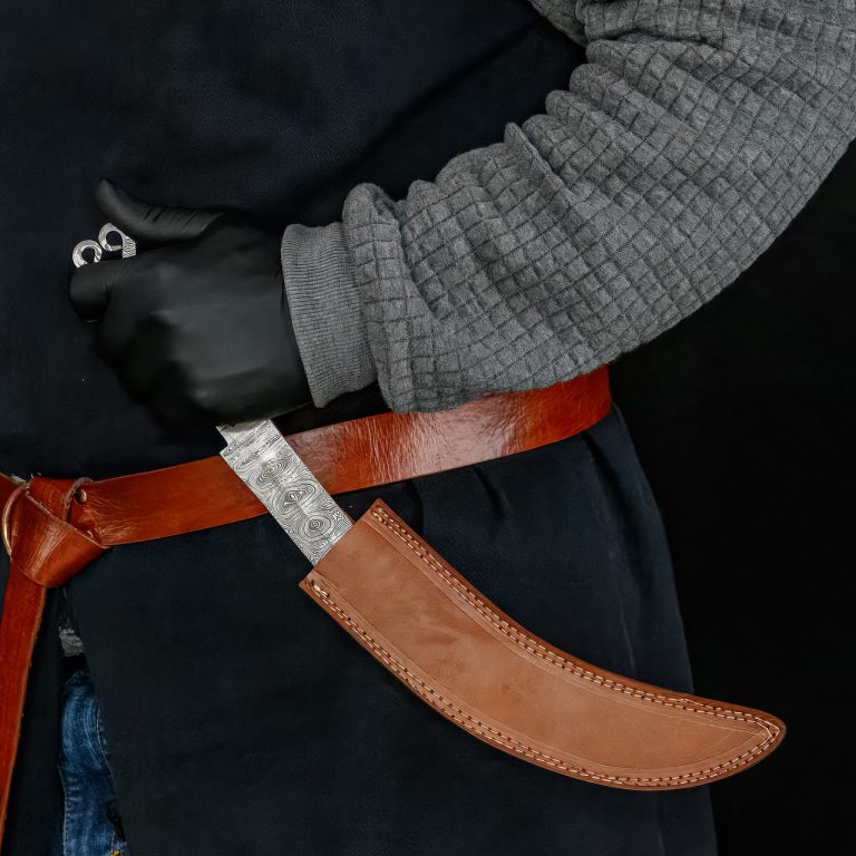 Damascus Steel Trailing Point Knife Blank with Sheath