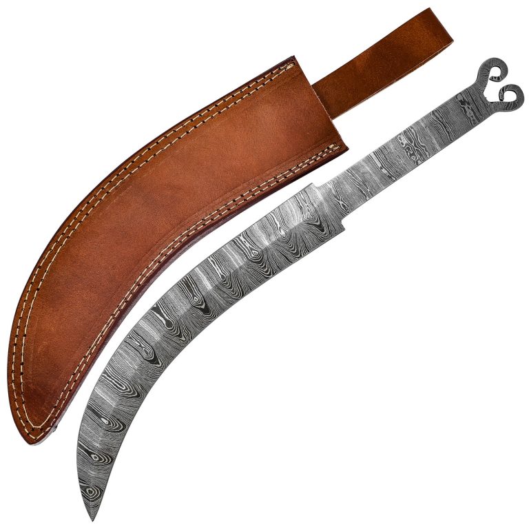 Damascus Steel Trailing Point Knife Blank with Sheath