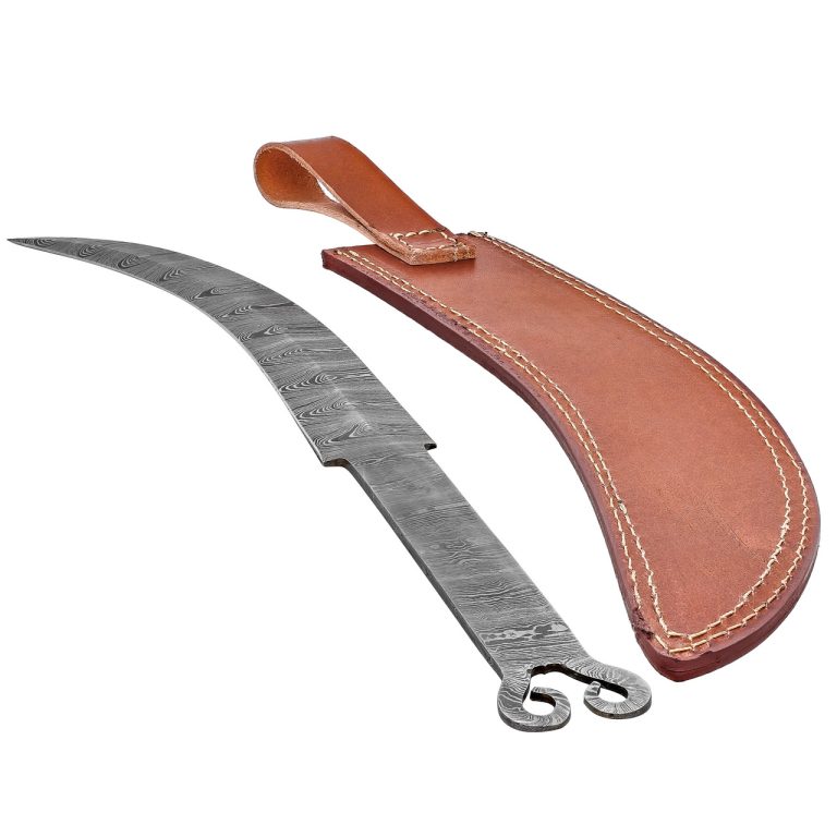 Damascus Steel Trailing Point Knife Blank with Sheath