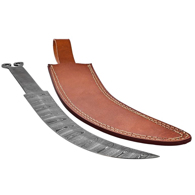 Damascus Steel Trailing Point Knife Blank with Sheath